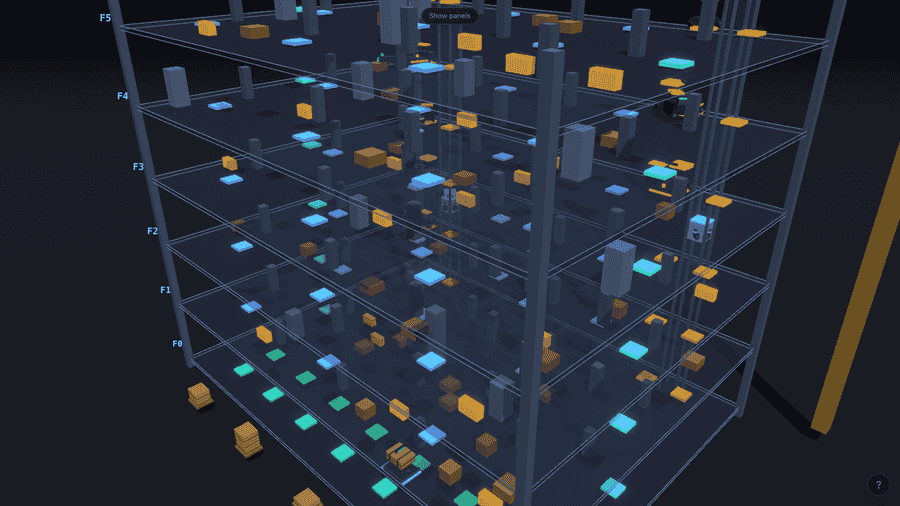 Animated demo: robot fleet planning collision-free paths up a multi-floor tower